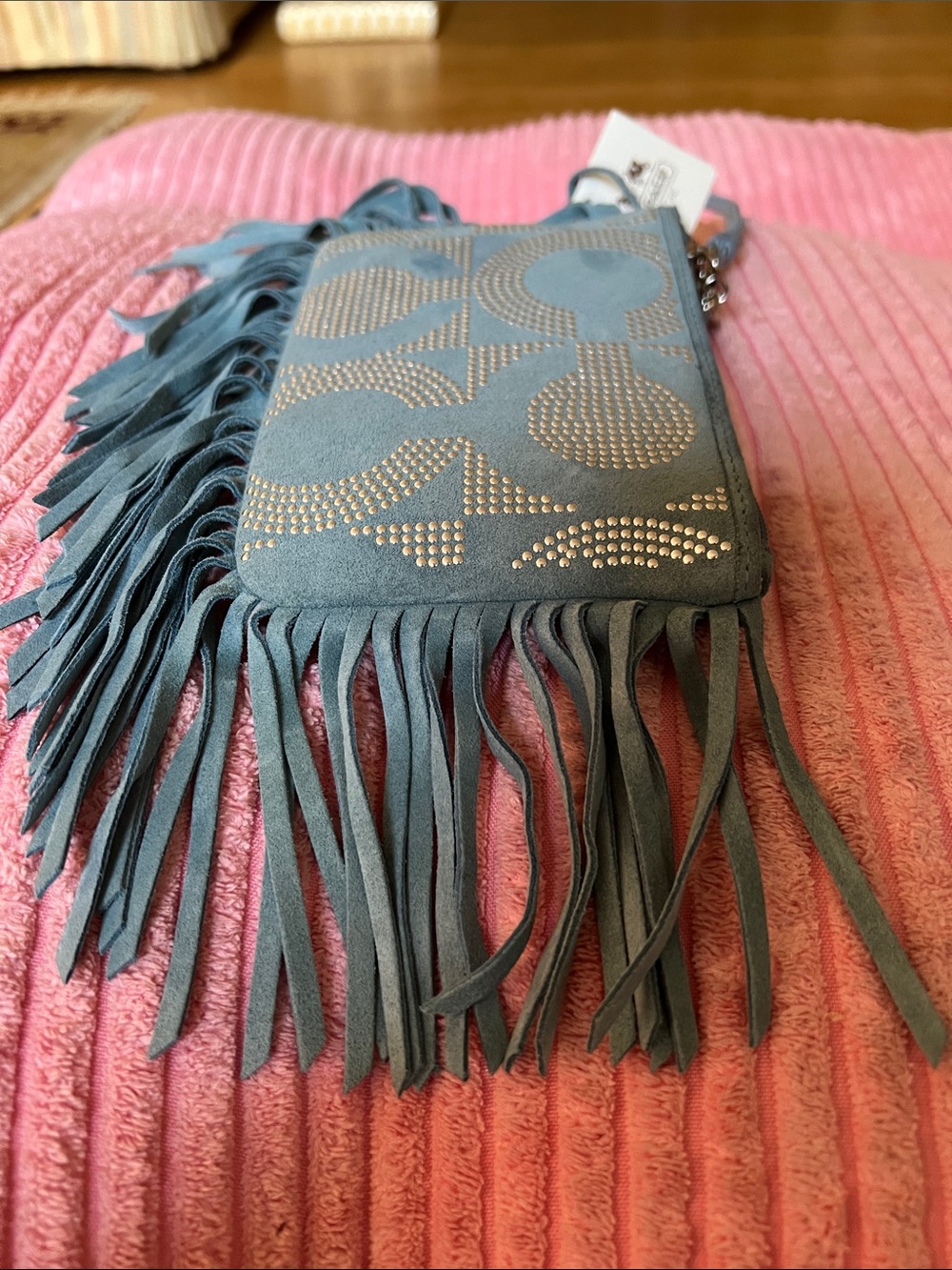 Coach Poppy “Bella” Studded Suede Fringe Wristlet - Picture 8 of 14